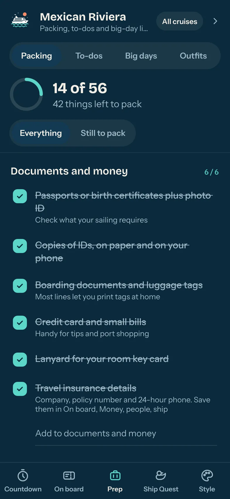 Packing list showing 14 of 56 items packed