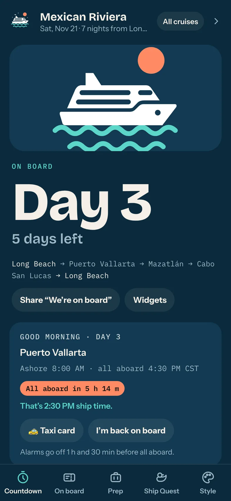 Shipshape on board screen showing Day 3 in Puerto Vallarta with an all aboard countdown