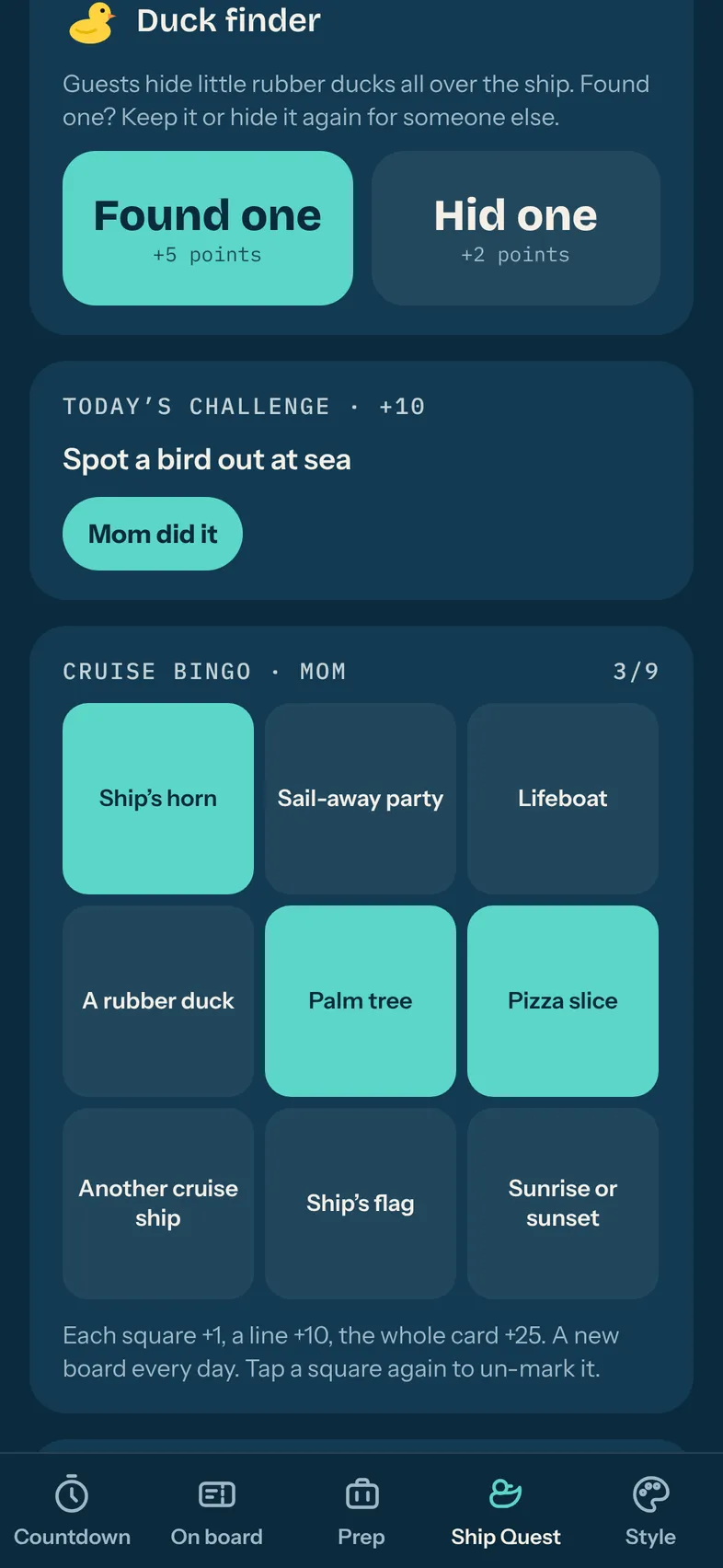 Ship Quest screen with duck finder, daily challenge and cruise bingo